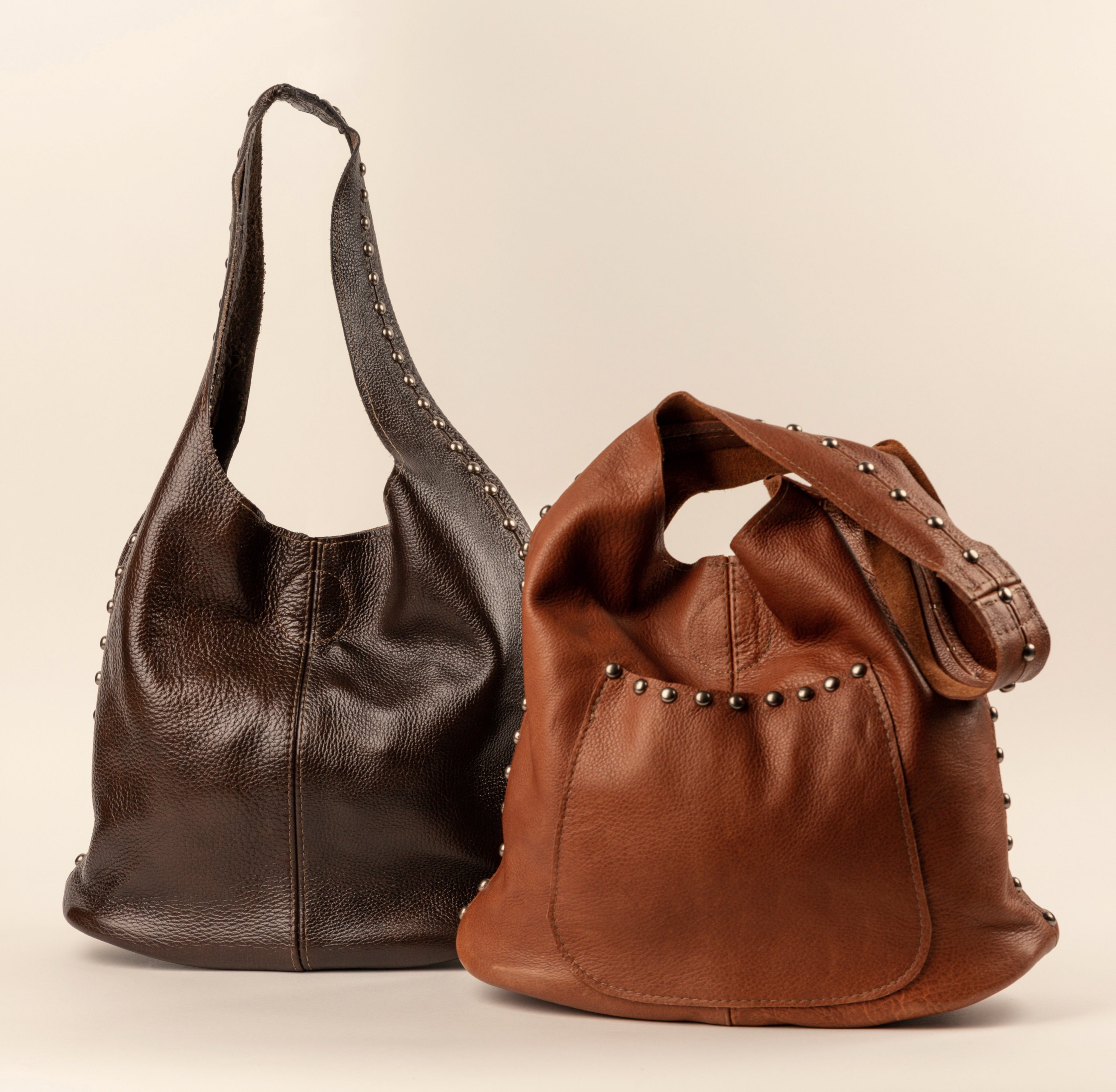 Brown leather slouch bag with spots