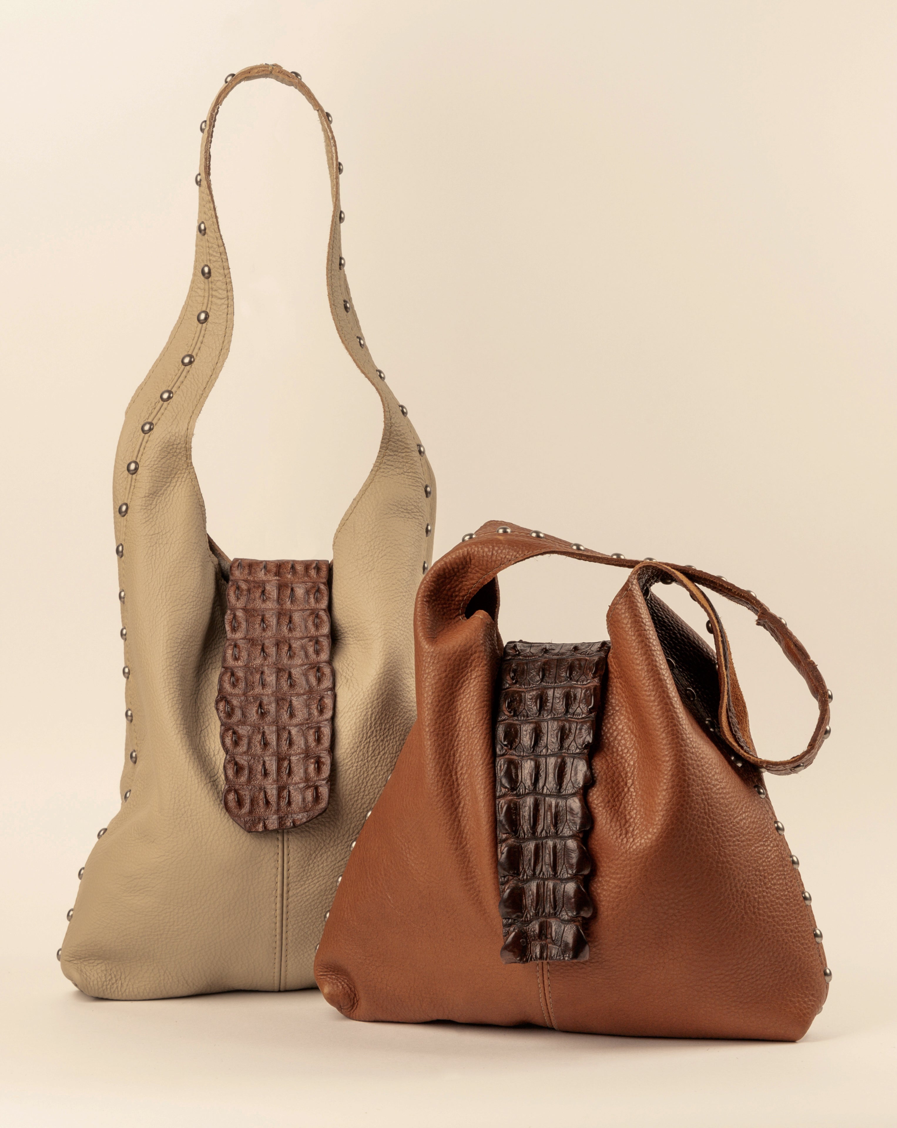 Brown leather slouch bag with spots