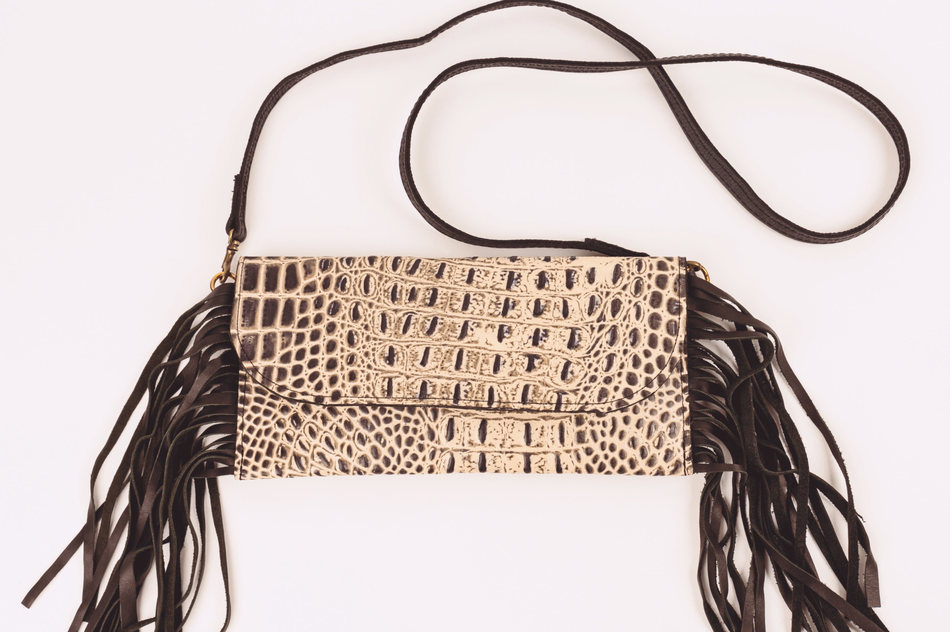 Gray and cream alligator embossed leather